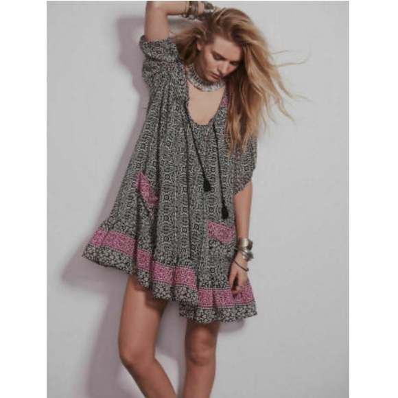 Free People Penny Lane Black Combo Chiffon Tunic Dress SZ M #1611 - Picture 4 of 10